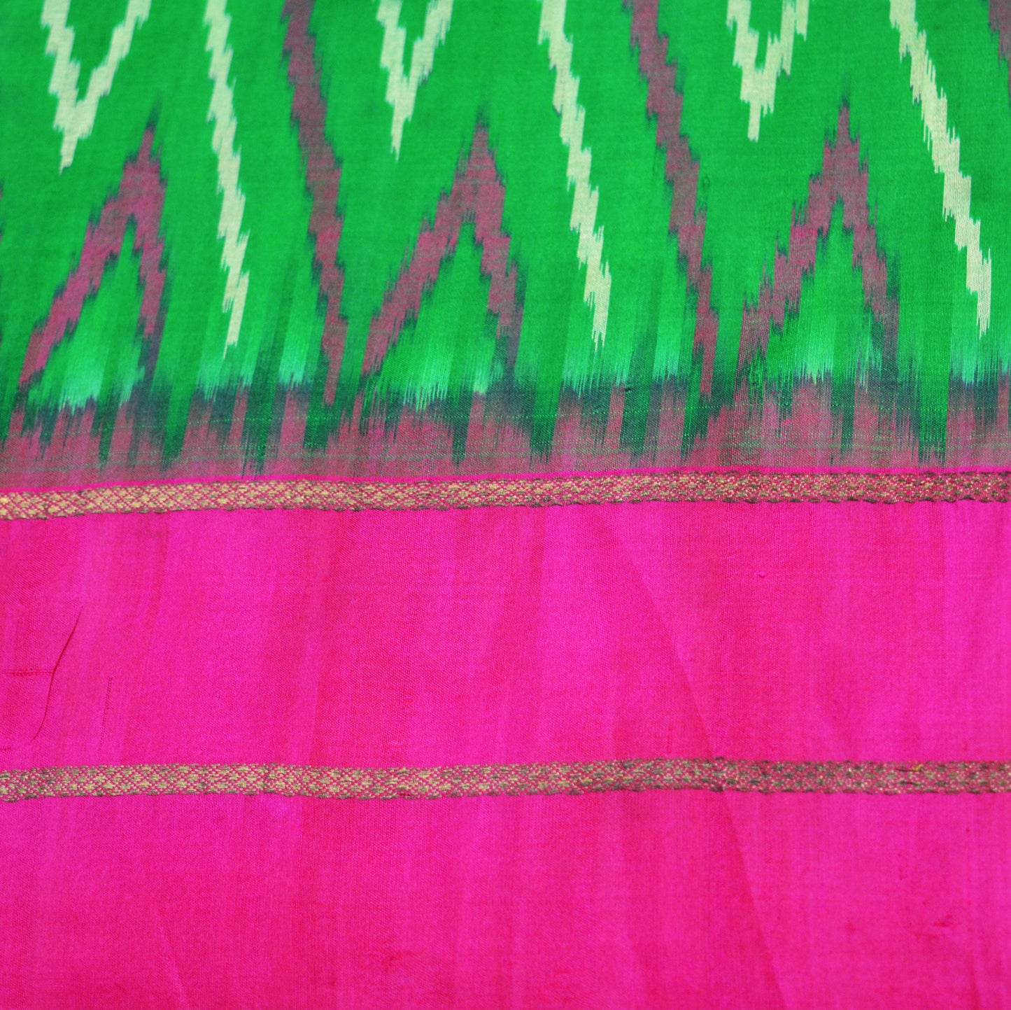 Indian Vintage Green & Pink Saree Pure Silk Patan Patola Hand Woven Ikat Indian Sari Fabric 5Yard Craft Ethnic Zari Border