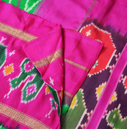 Indian Vintage Green & Pink Saree Pure Silk Patan Patola Hand Woven Ikat Indian Sari Fabric 5Yard Craft Ethnic Zari Border