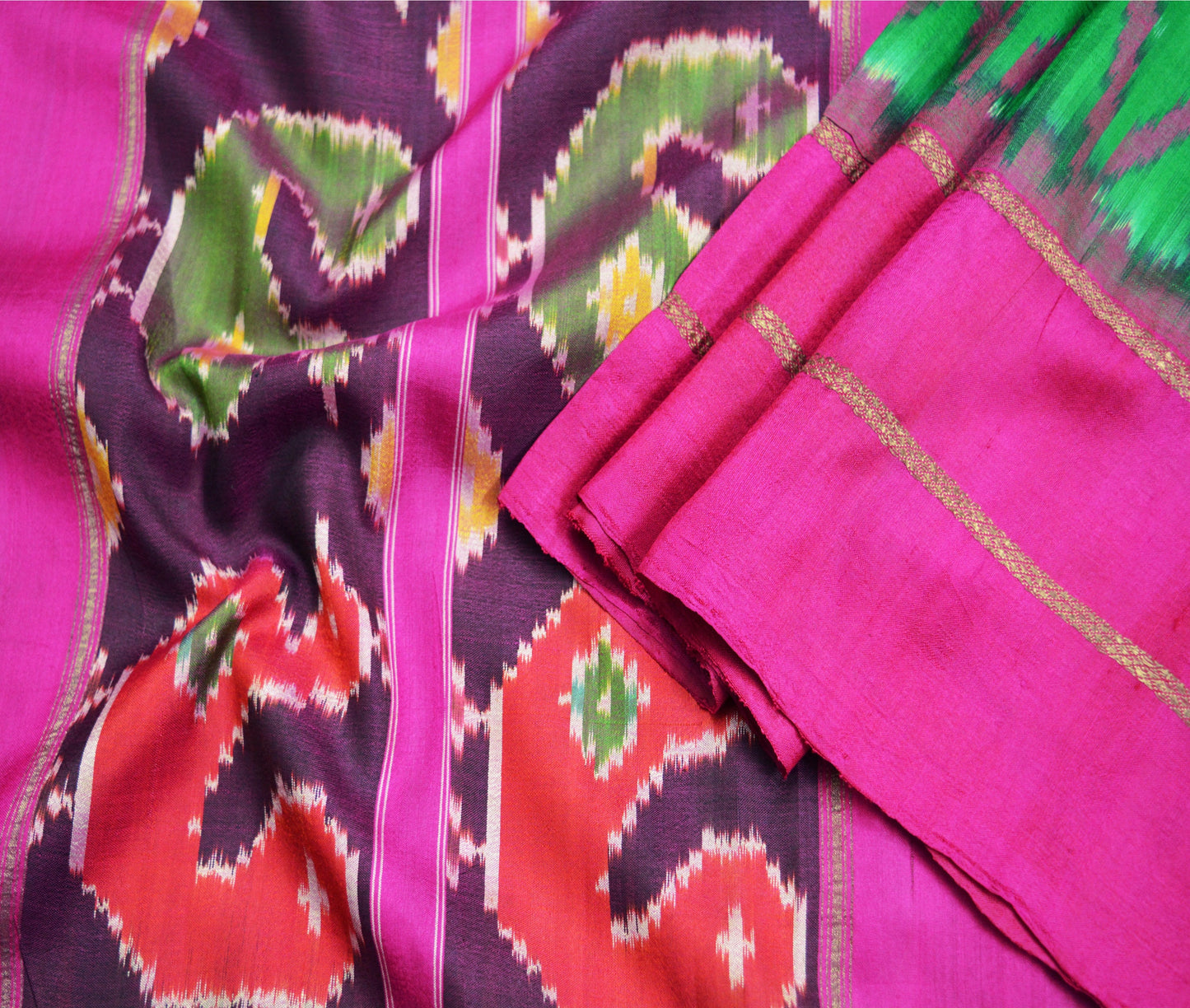 Indian Vintage Green & Pink Saree Pure Silk Patan Patola Hand Woven Ikat Indian Sari Fabric 5Yard Craft Ethnic Zari Border