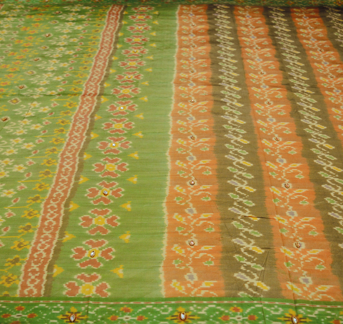 Indian Vintage Green & Orange Pure Silk Saree Hand Embroidered Woven Ikat Patola Indian Sari Fabric 5Yard Craft Ethnic Premium Saree Zardozi