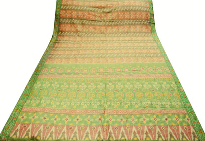 Indian Vintage Green & Orange Pure Silk Saree Hand Embroidered Woven Ikat Patola Indian Sari Fabric 5Yard Craft Ethnic Premium Saree Zardozi