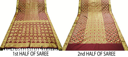 Indian Vintage Heavy Saree Maroon Hand Woven Kanjivaram 100% Pure Silk Indian Sari Fabric 5Yard Ethnic Zari Fringes