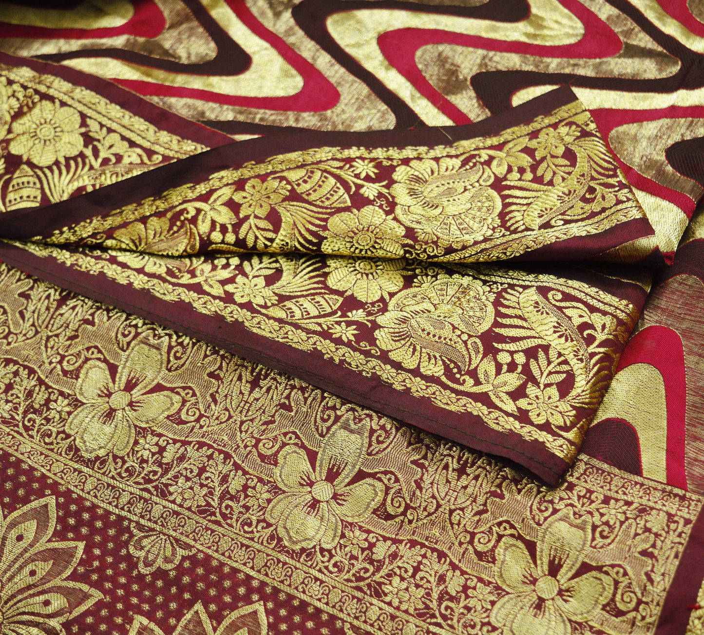 Indian Vintage Heavy Saree Maroon Hand Woven Kanjivaram 100% Pure Silk Indian Sari Fabric 5Yard Ethnic Zari Fringes