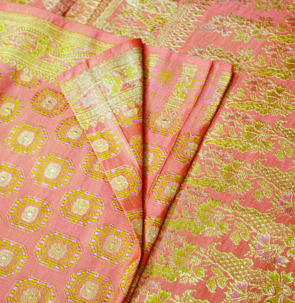 Indian Vintage Sari Heavy Wedding Pure Satin Silk Peach Woven Banarasi Brocade Saree Zari 5Yard