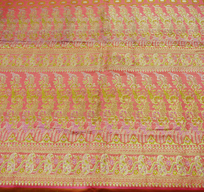 Indian Vintage Sari Heavy Wedding Pure Satin Silk Peach Woven Banarasi Brocade Saree Zari 5Yard