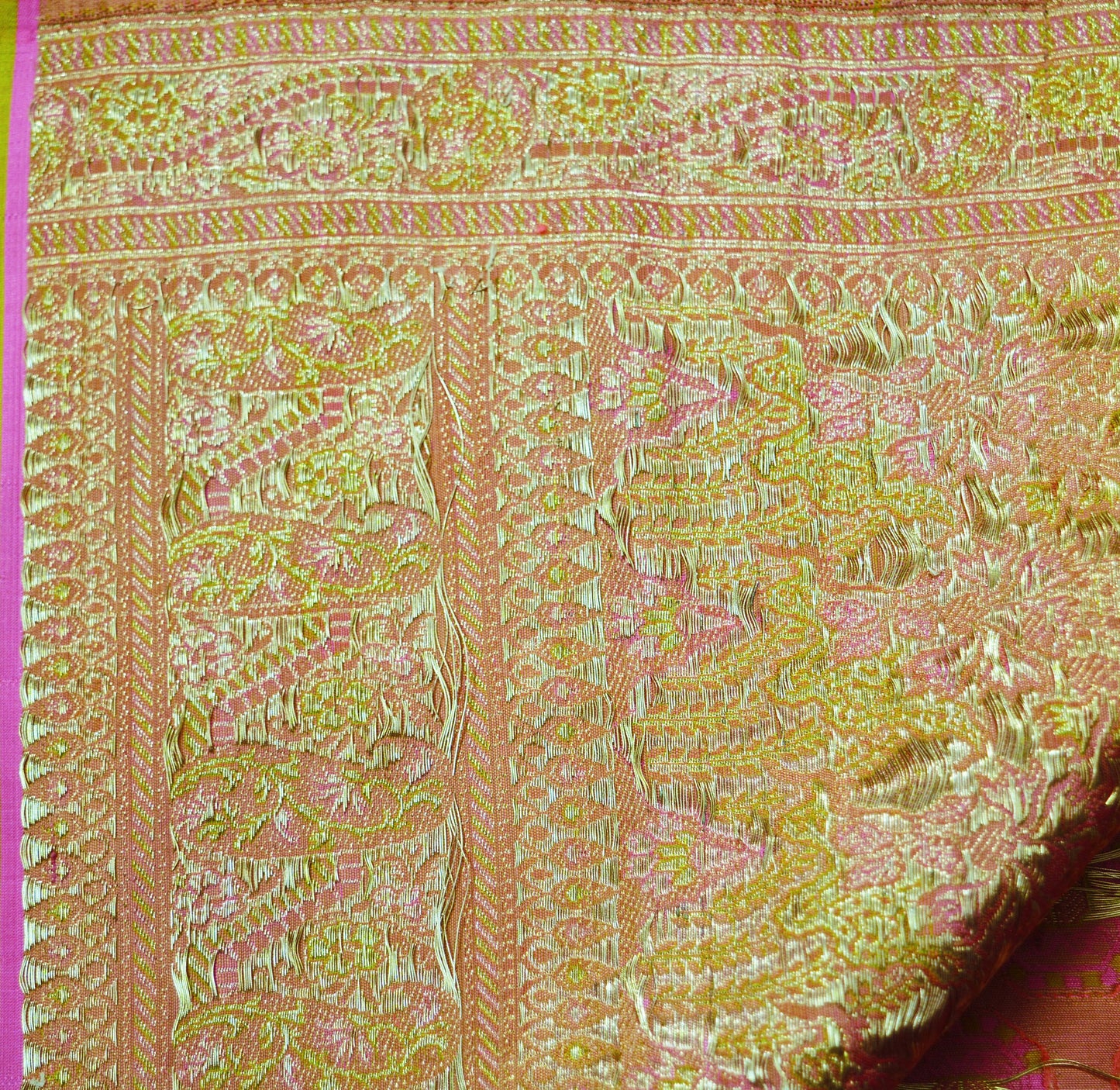 Indian Vintage Sari Heavy Wedding Pure Satin Silk Peach Woven Banarasi Brocade Saree Zari 5Yard