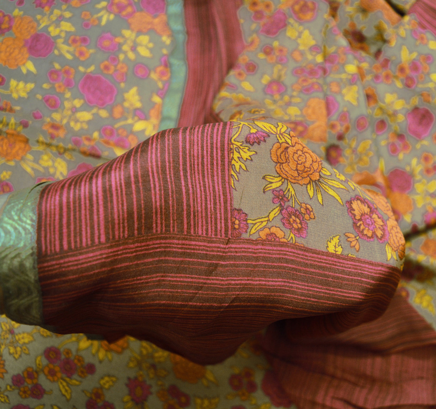 Vintage Sari Brown 100% Pure Silk Printed Saree Fabric 5yard Sewing Floral Soft Dress Designing for Crafting ,Paisley