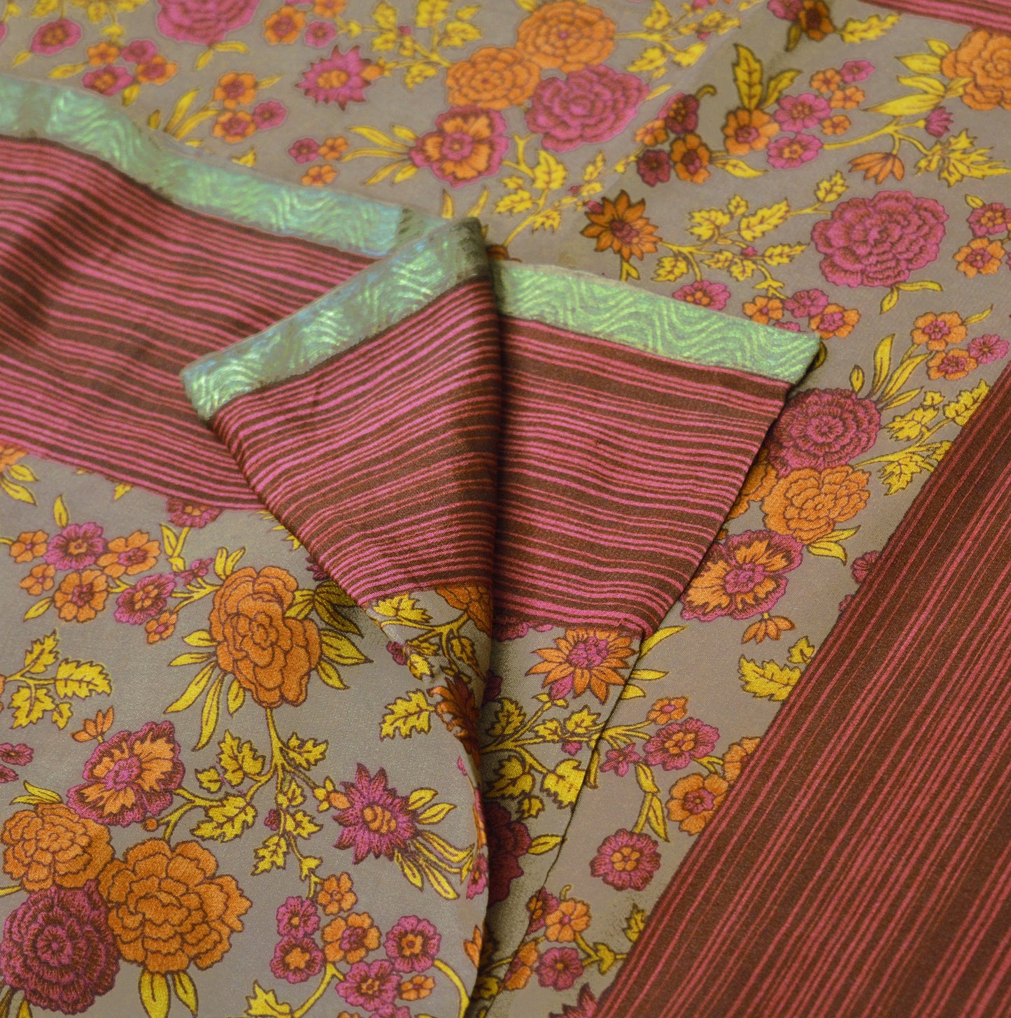 Vintage Sari Brown 100% Pure Silk Printed Saree Fabric 5yard Sewing Floral Soft Dress Designing for Crafting ,Paisley