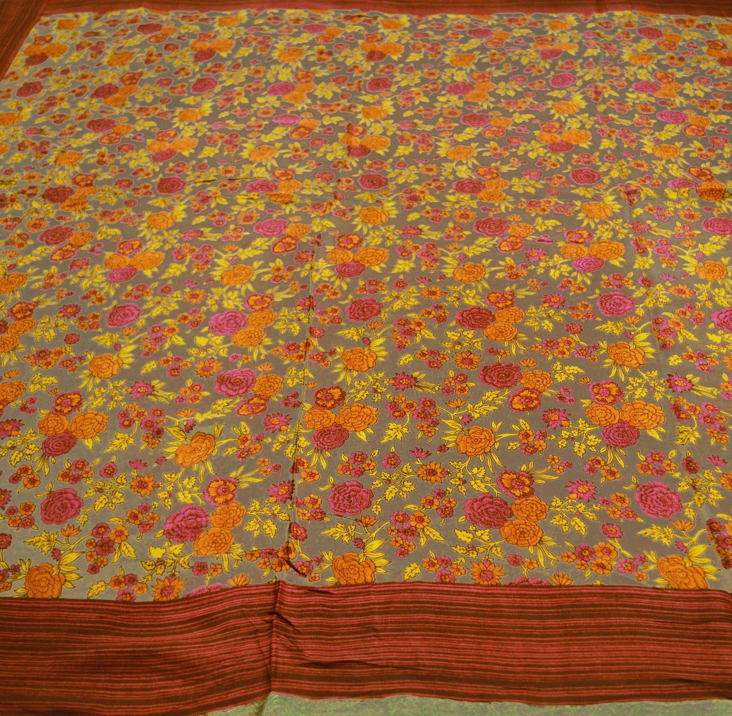 Vintage Sari Brown 100% Pure Silk Printed Saree Fabric 5yard Sewing Floral Soft Dress Designing for Crafting ,Paisley