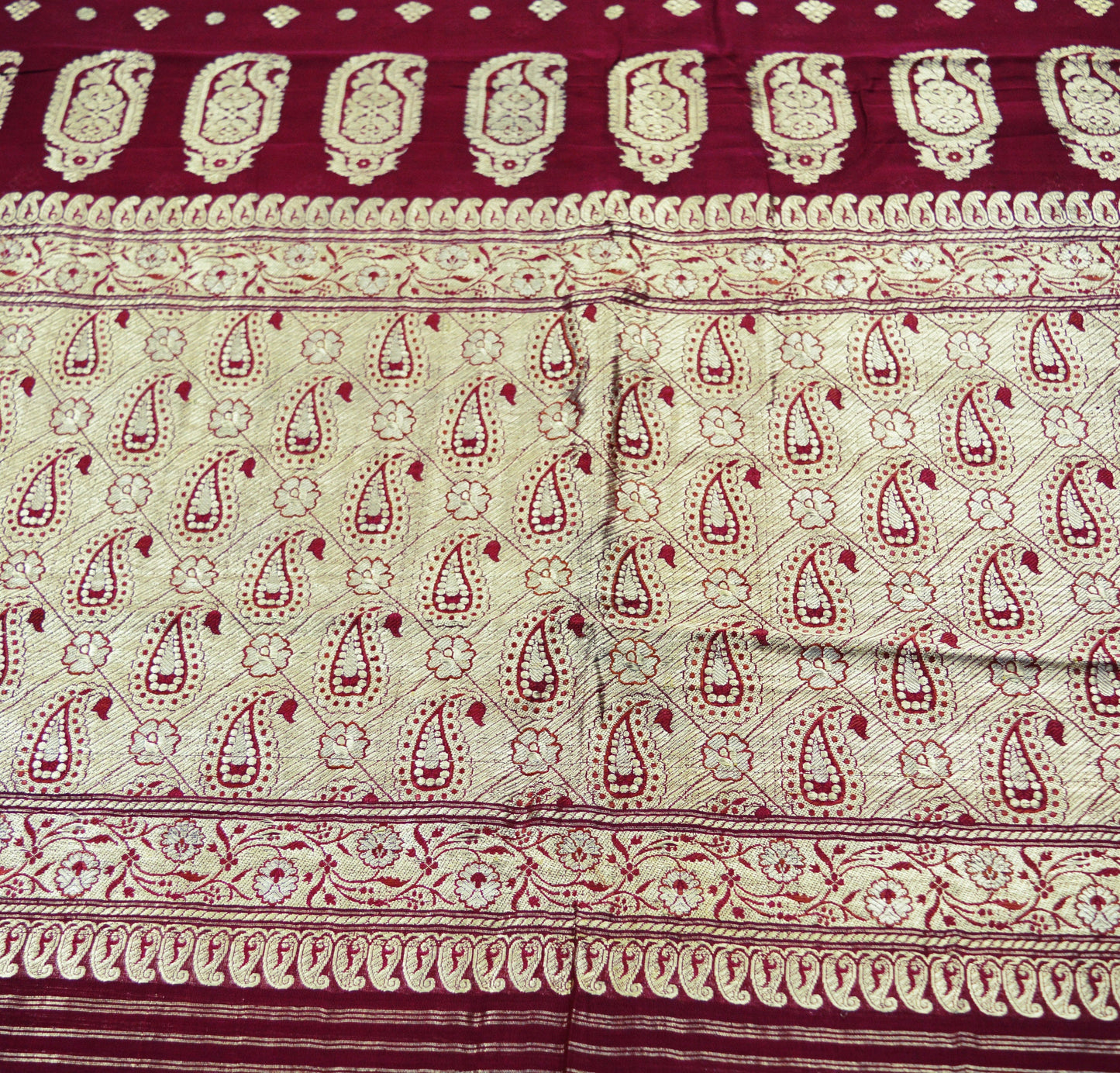 Indian Vintage Sari Dark Red Heavy Wedding Pure Silk Woven Banarasi Brocade Saree Golden Zari 5Yard