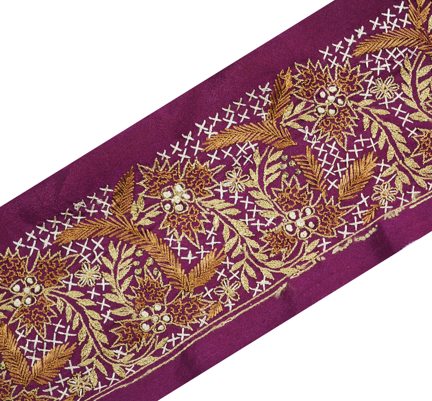 Indian Vintage Purple Sari Border Hand Embroidered Indian Craft Trim Lace Sewing Sari Ribbon Crepe Zari