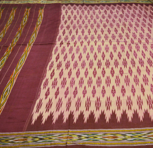 Vintage Brown & Maroon Pochampally Saree Pure Silk Hand Woven Ikat Patola Indian Sari Fabric 5Yard Craft Ethnic Zari Border