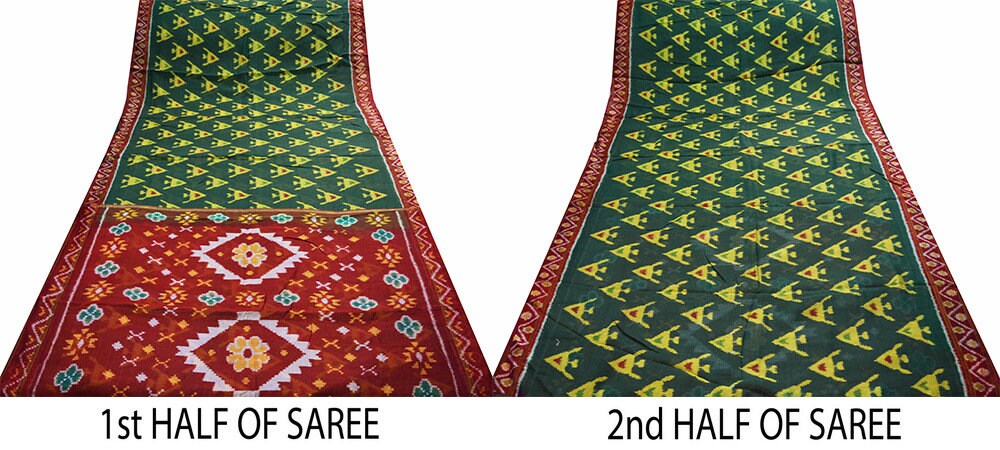 Indian Vintage Green & Maroon Saree Pure Silk Hand Woven Odisha Ikat Patola Indian Sari Fabric 5Yard Zari