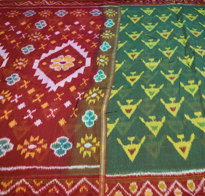 Indian Vintage Green & Maroon Saree Pure Silk Hand Woven Odisha Ikat Patola Indian Sari Fabric 5Yard Zari