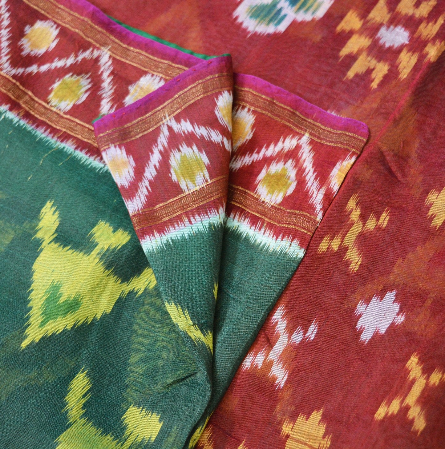 Indian Vintage Green & Maroon Saree Pure Silk Hand Woven Odisha Ikat Patola Indian Sari Fabric 5Yard Zari