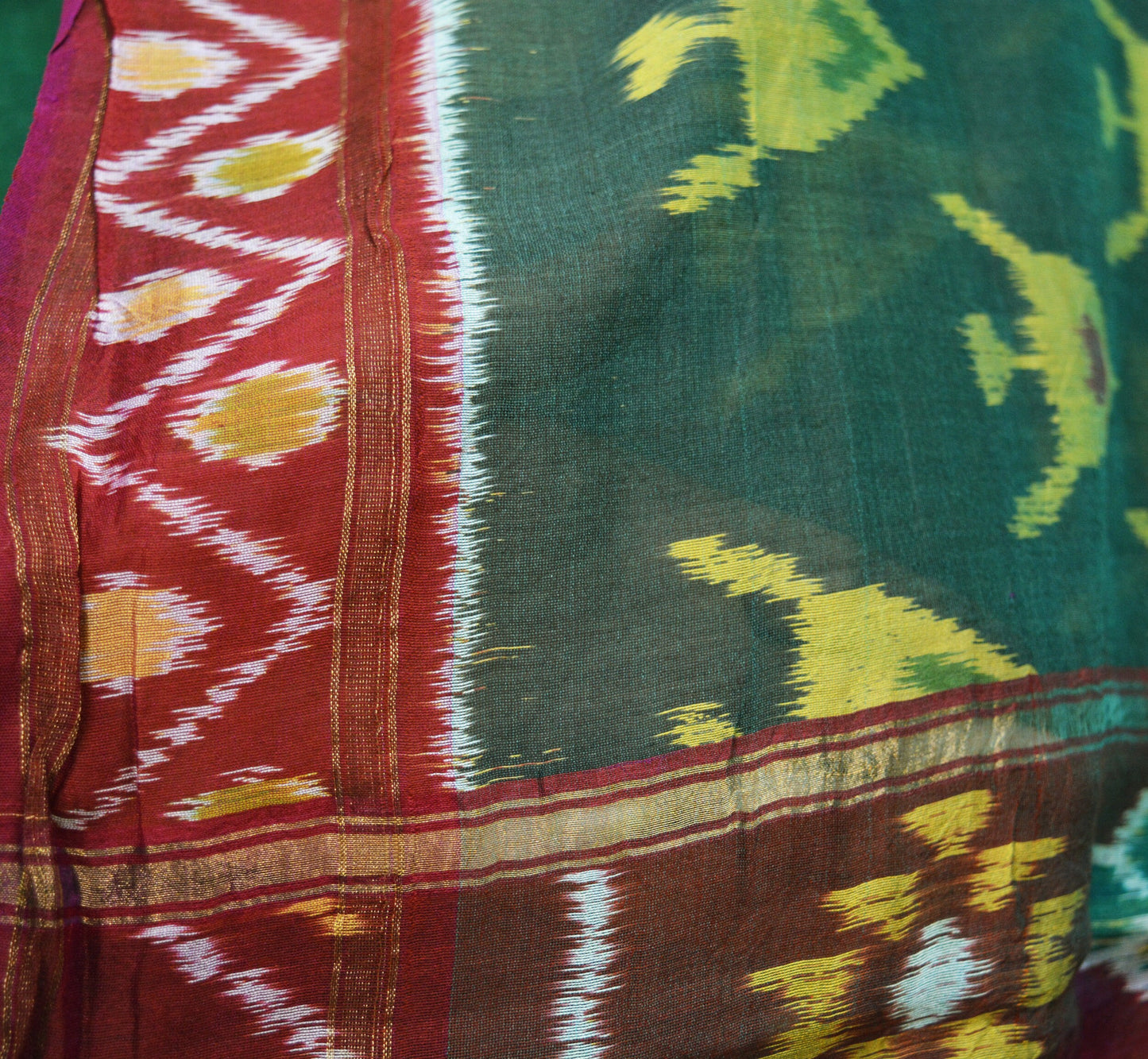 Indian Vintage Green & Maroon Saree Pure Silk Hand Woven Odisha Ikat Patola Indian Sari Fabric 5Yard Zari