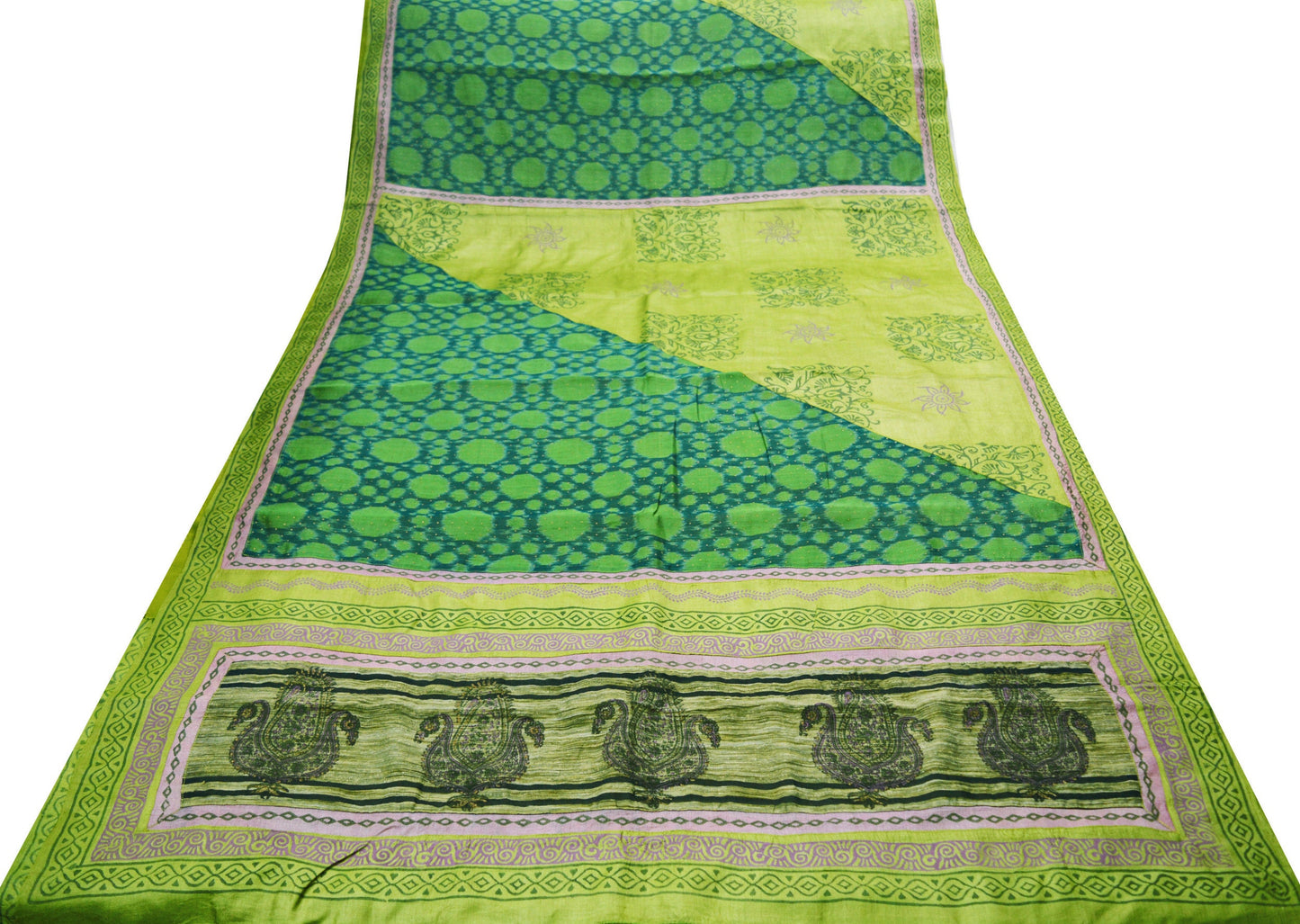 Vintage Green Pochampally Saree Pure Silk Hand Woven Ikat Patola Indian Sari Fabric 5Yard Craft Ethnic Patch Border