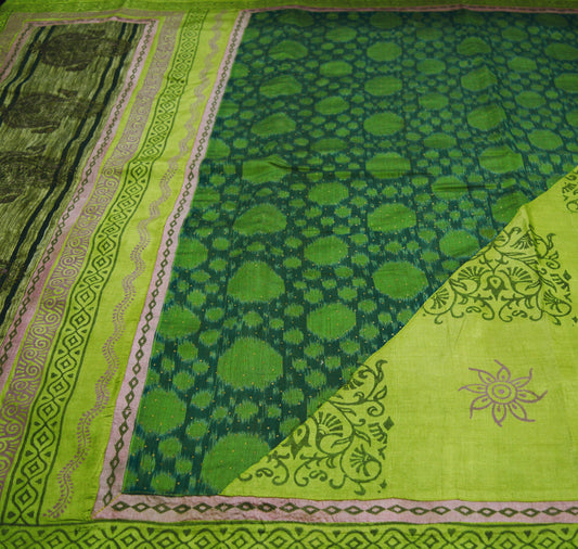 Vintage Green Pochampally Saree Pure Silk Hand Woven Ikat Patola Indian Sari Fabric 5Yard Craft Ethnic Patch Border