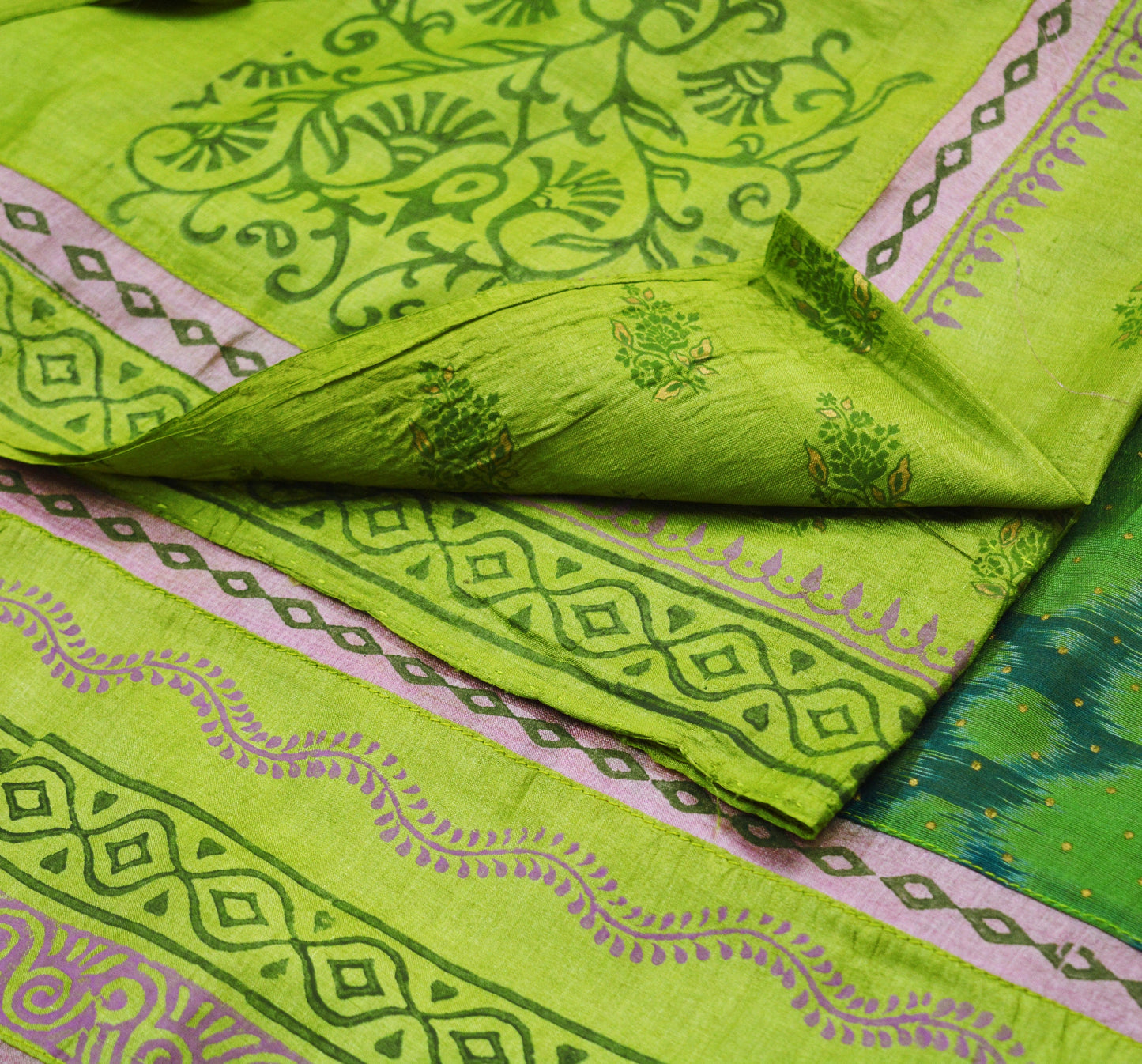 Vintage Green Pochampally Saree Pure Silk Hand Woven Ikat Patola Indian Sari Fabric 5Yard Craft Ethnic Patch Border