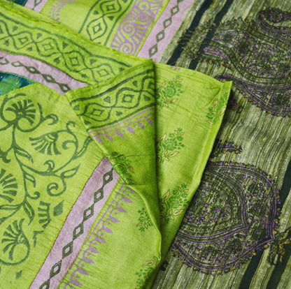 Vintage Green Pochampally Saree Pure Silk Hand Woven Ikat Patola Indian Sari Fabric 5Yard Craft Ethnic Patch Border