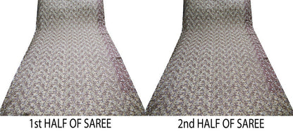 Indian Vintage Brown Saree Net/Mesh Embroidered Indian Sari Craft Fabric Floral 5Yd Zari Thread