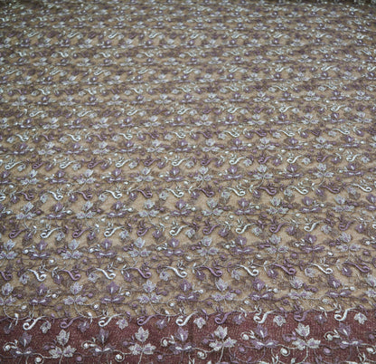 Indian Vintage Brown Saree Net/Mesh Embroidered Indian Sari Craft Fabric Floral 5Yd Zari Thread