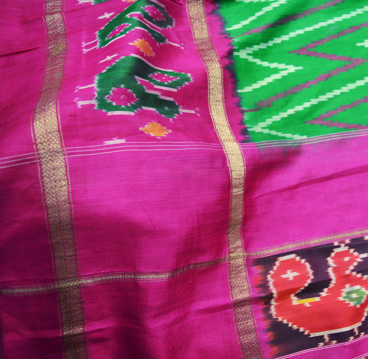 Indian Vintage Green & Pink Saree Pure Silk Patan Patola Hand Woven Ikat Indian Sari Fabric 5Yard Craft Ethnic Zari Border