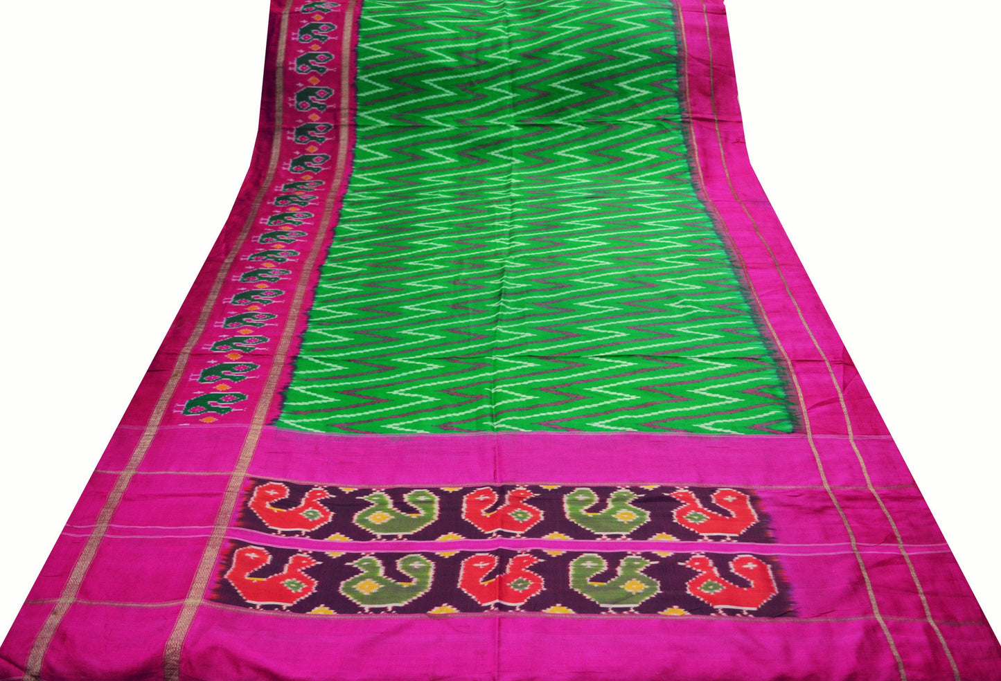 Indian Vintage Green & Pink Saree Pure Silk Patan Patola Hand Woven Ikat Indian Sari Fabric 5Yard Craft Ethnic Zari Border