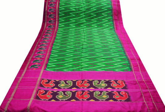 Indian Vintage Green & Pink Saree Pure Silk Patan Patola Hand Woven Ikat Indian Sari Fabric 5Yard Craft Ethnic Zari Border