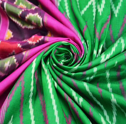 Indian Vintage Green & Pink Saree Pure Silk Patan Patola Hand Woven Ikat Indian Sari Fabric 5Yard Craft Ethnic Zari Border