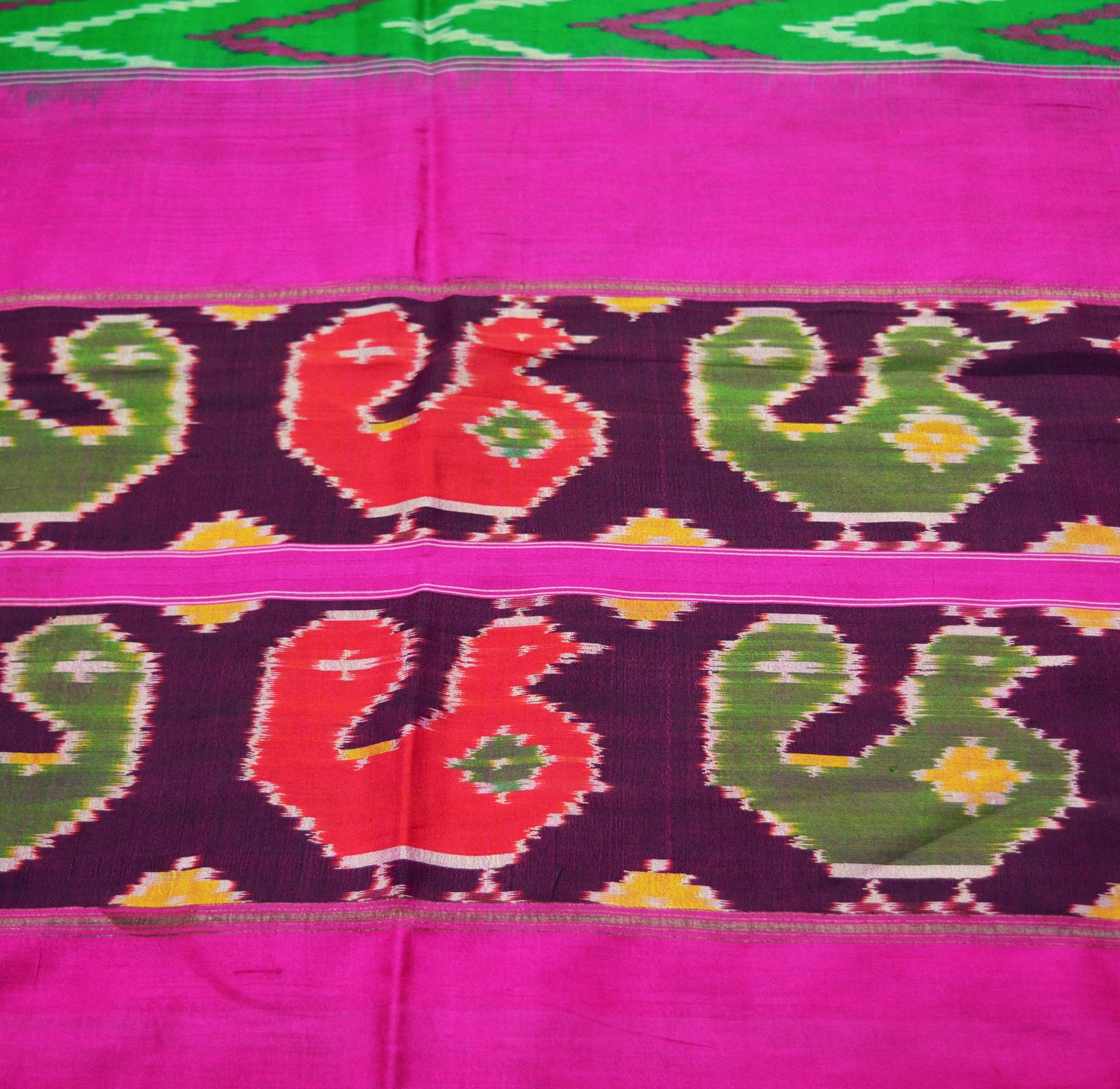 Indian Vintage Green & Pink Saree Pure Silk Patan Patola Hand Woven Ikat Indian Sari Fabric 5Yard Craft Ethnic Zari Border