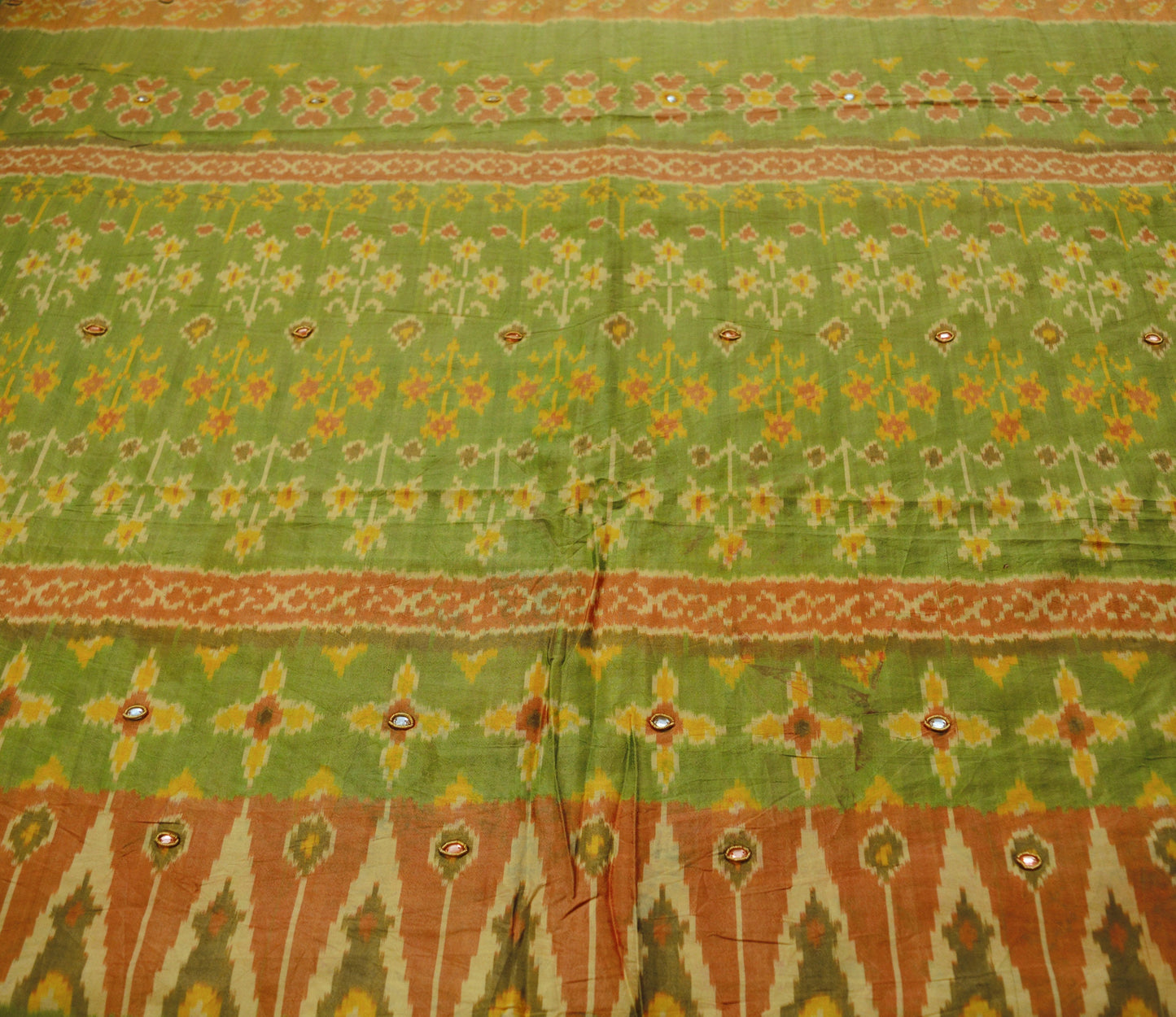 Indian Vintage Green & Orange Pure Silk Saree Hand Embroidered Woven Ikat Patola Indian Sari Fabric 5Yard Craft Ethnic Premium Saree Zardozi