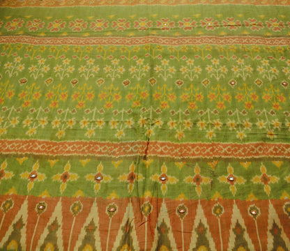 Indian Vintage Green & Orange Pure Silk Saree Hand Embroidered Woven Ikat Patola Indian Sari Fabric 5Yard Craft Ethnic Premium Saree Zardozi