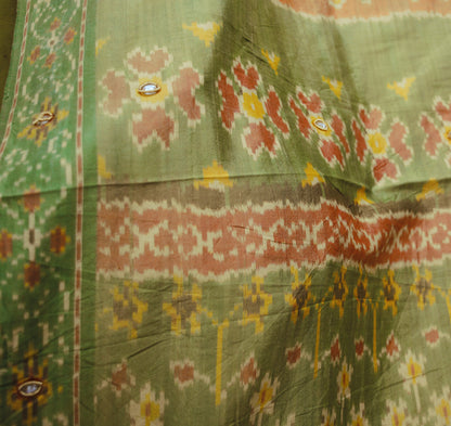 Indian Vintage Green & Orange Pure Silk Saree Hand Embroidered Woven Ikat Patola Indian Sari Fabric 5Yard Craft Ethnic Premium Saree Zardozi