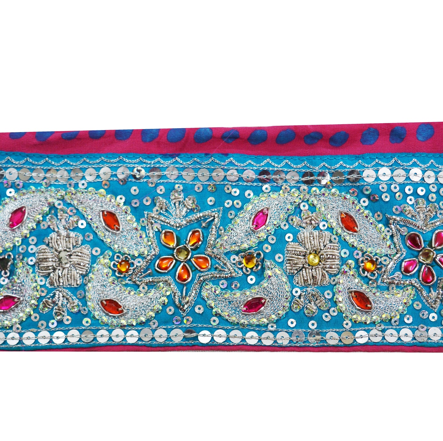 Indian Vintage Blue & Pink Sari Border Hand Embroidered Indian Craft Trim Lace Sewing Sari Ribbon Pure Crepe silk  Zardozi/Dabka Zari