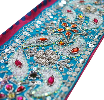 Indian Vintage Blue & Pink Sari Border Hand Embroidered Indian Craft Trim Lace Sewing Sari Ribbon Pure Crepe silk  Zardozi/Dabka Zari