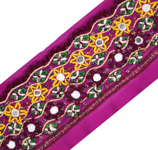 Indian Vintage Pink Sari Border Hand Embroidered Indian Craft Trim Lace Sewing Pure Georgette Silk Ribbon Recycled Sari Border