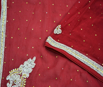 Indian Vintage Red Dupatta Pure Georgette silk Long Stole Hand Embroidered Scarves Sequins Stole Zari