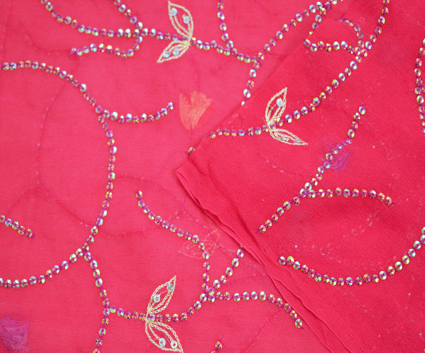 Vintage Pink Dupatta Long Stole Pure Georgette Silk Hand Embroidered Indian Scarves Veil Hijab Floral Sequins