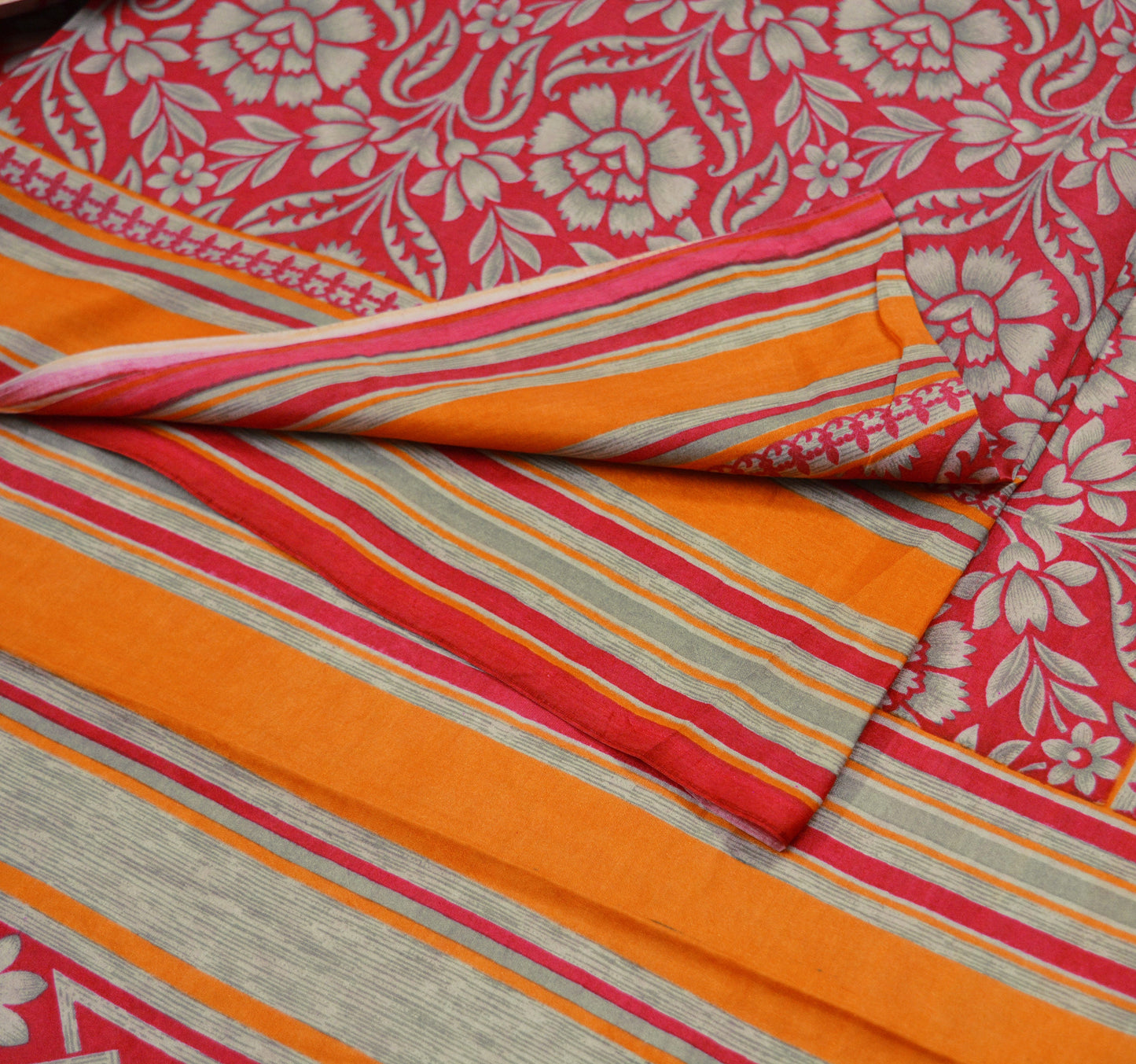 Indian Vintage Sari Red Pure Silk Printed Saree Craft Fabric 5yard Sewing DressMaking  Soft Floral