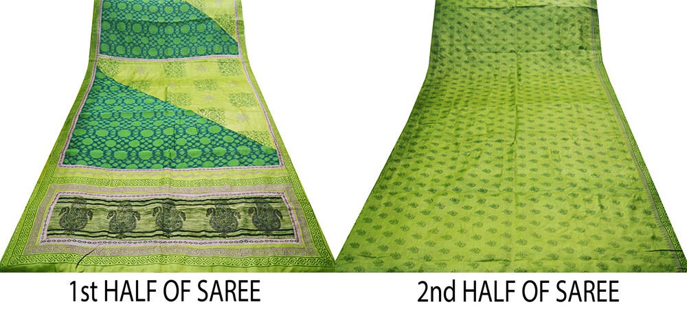 Vintage Green Pochampally Saree Pure Silk Hand Woven Ikat Patola Indian Sari Fabric 5Yard Craft Ethnic Patch Border