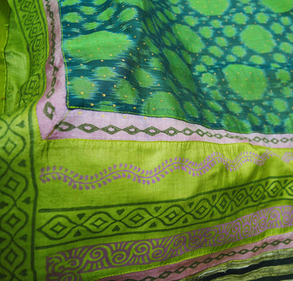 Vintage Green Pochampally Saree Pure Silk Hand Woven Ikat Patola Indian Sari Fabric 5Yard Craft Ethnic Patch Border