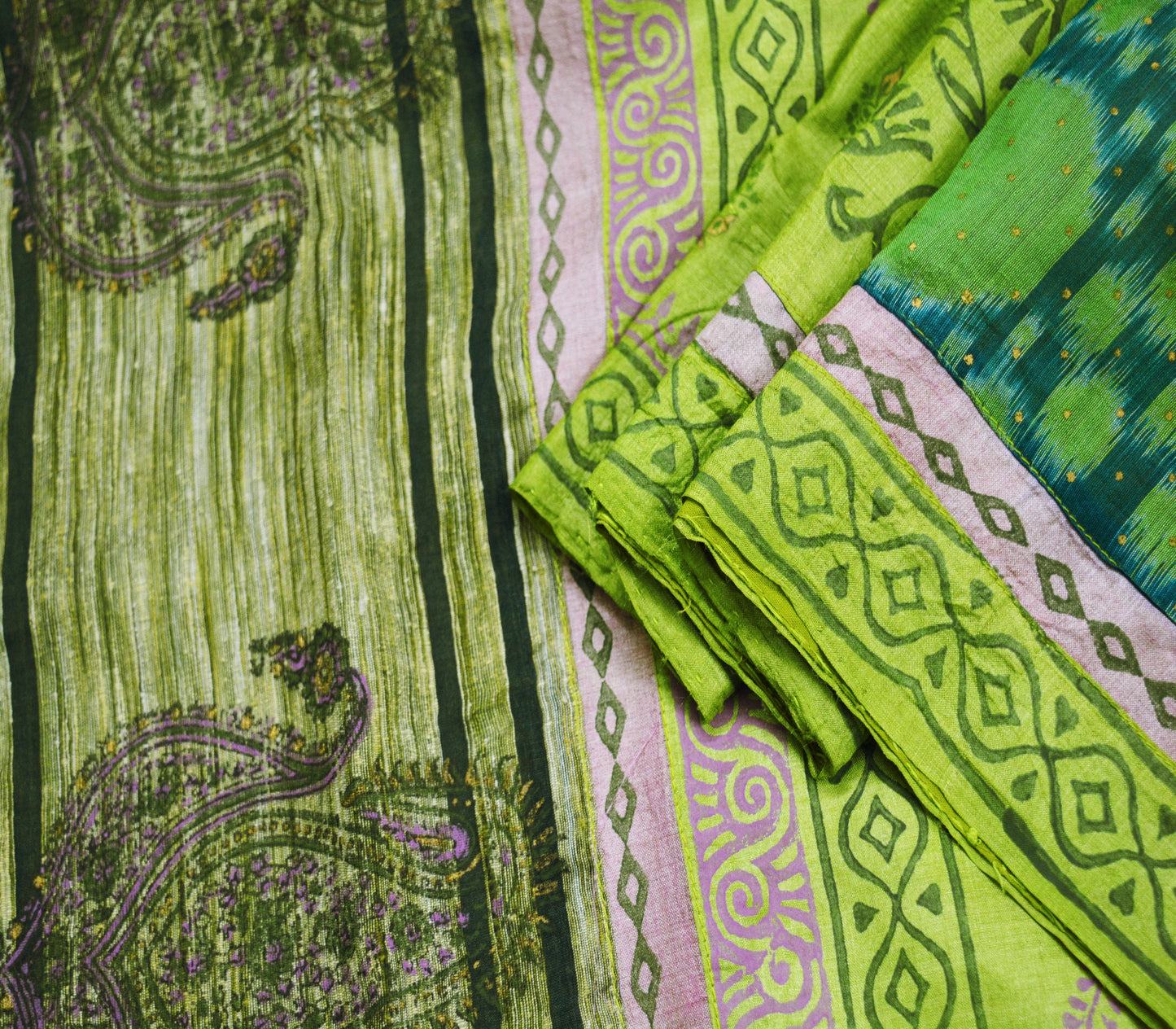 Vintage Green Pochampally Saree Pure Silk Hand Woven Ikat Patola Indian Sari Fabric 5Yard Craft Ethnic Patch Border