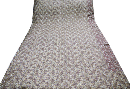 Indian Vintage Brown Saree Net/Mesh Embroidered Indian Sari Craft Fabric Floral 5Yd Zari Thread
