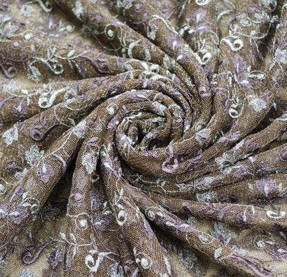 Indian Vintage Brown Saree Net/Mesh Embroidered Indian Sari Craft Fabric Floral 5Yd Zari Thread