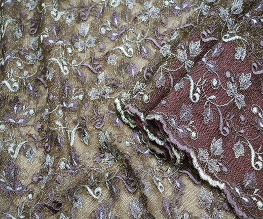 Indian Vintage Brown Saree Net/Mesh Embroidered Indian Sari Craft Fabric Floral 5Yd Zari Thread