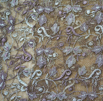 Indian Vintage Brown Saree Net/Mesh Embroidered Indian Sari Craft Fabric Floral 5Yd Zari Thread