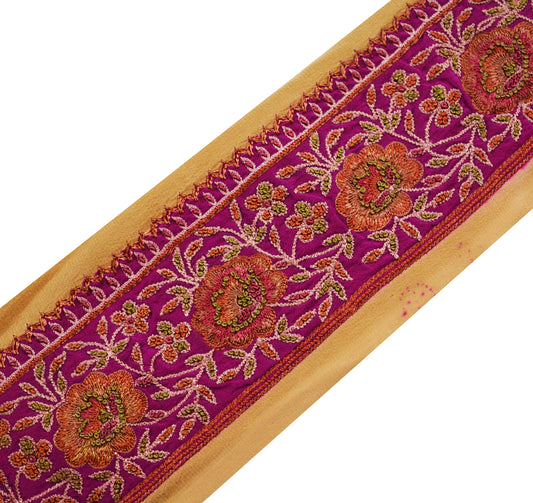 Indian Vintage Beige & Purple Sari Border Hand Embroidered Indian Craft Trim Lace Sewing Sari Ribbon Recycled Sari Border Decor