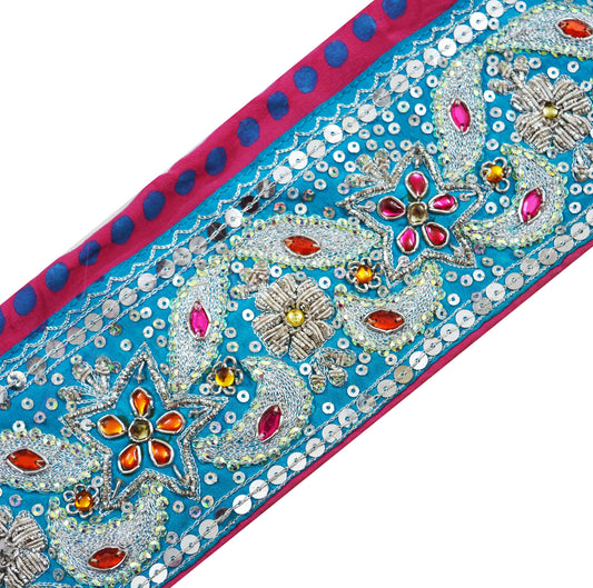 Indian Vintage Blue & Pink Sari Border Hand Embroidered Indian Craft Trim Lace Sewing Sari Ribbon Pure Crepe silk  Zardozi/Dabka Zari