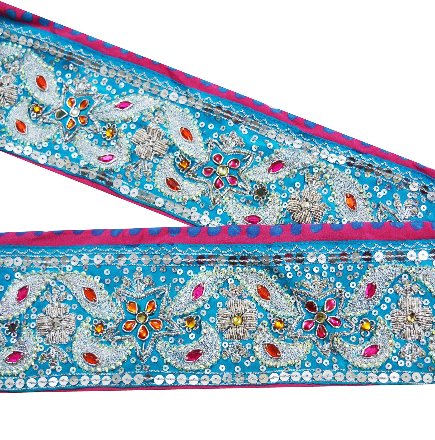 Indian Vintage Blue & Pink Sari Border Hand Embroidered Indian Craft Trim Lace Sewing Sari Ribbon Pure Crepe silk  Zardozi/Dabka Zari